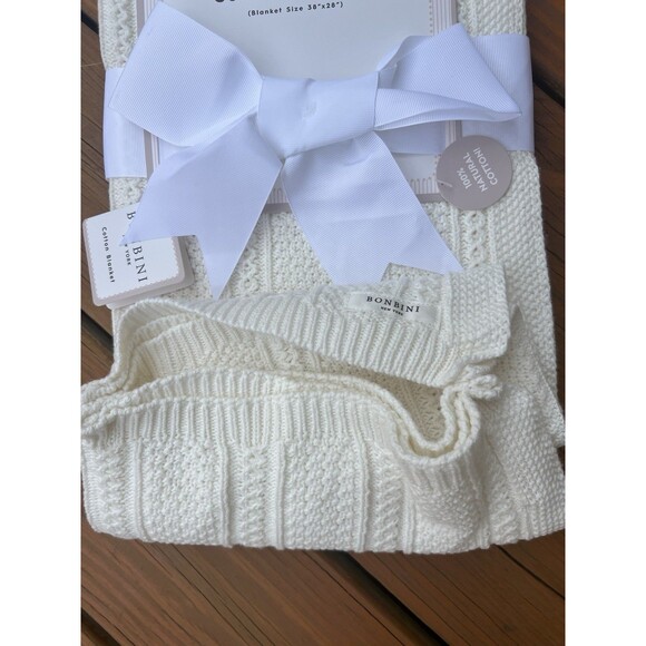Bonbini Cotton Knit Baby Blanket Cream Ivory Infant Gender Neutral Pretty Gift - Picture 4 of 6